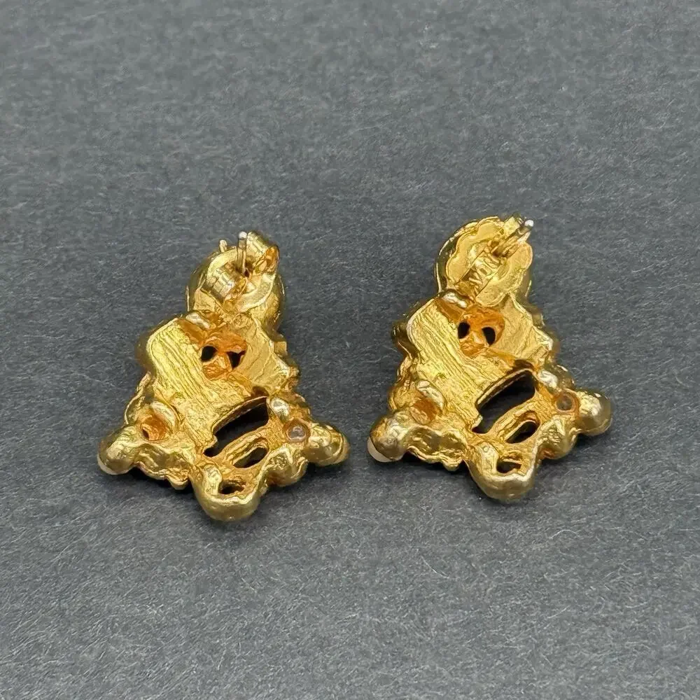 Vintage Gold-Tone Costume Earring Lot Red Rhinestone Hat Faux Pearl Enamel